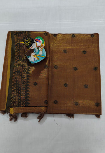 Brown Linen Tissue Saree with Floral Motifs
