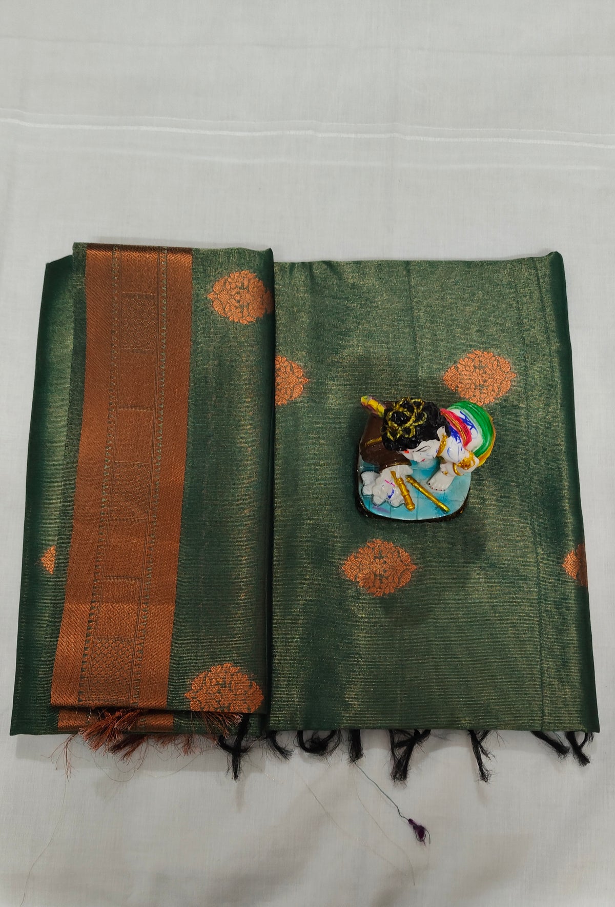Green Linen Tissue Saree with Orange Zari Border