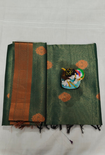 Green Linen Tissue Saree with Orange Zari Border