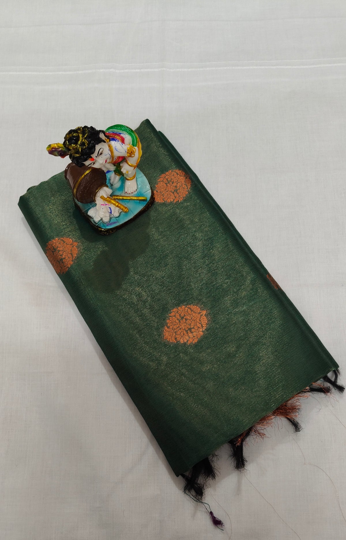 Green Linen Tissue Saree with Orange Zari Border