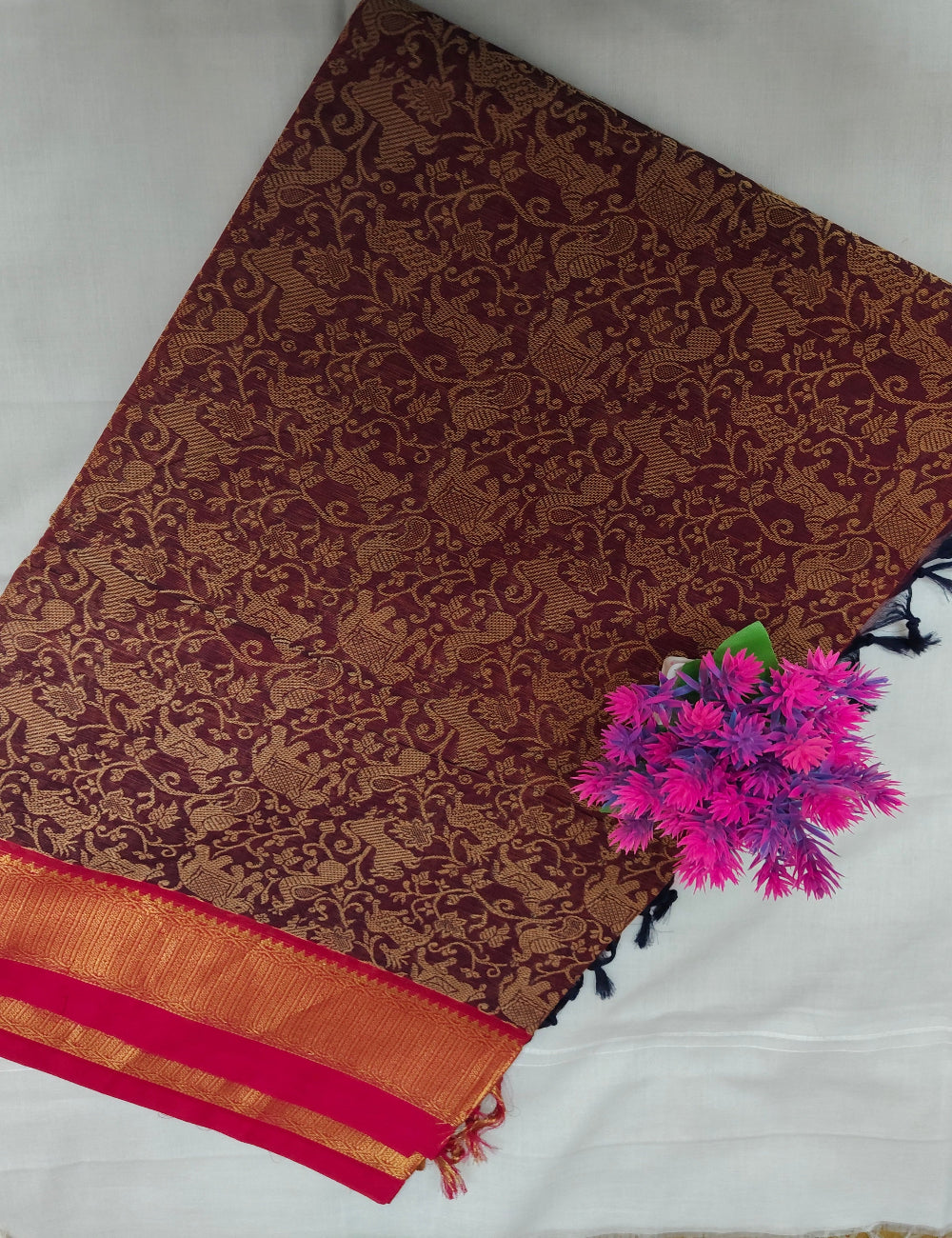 Chettinad Vanasingaram Saree - Maroon with Gold Motifs