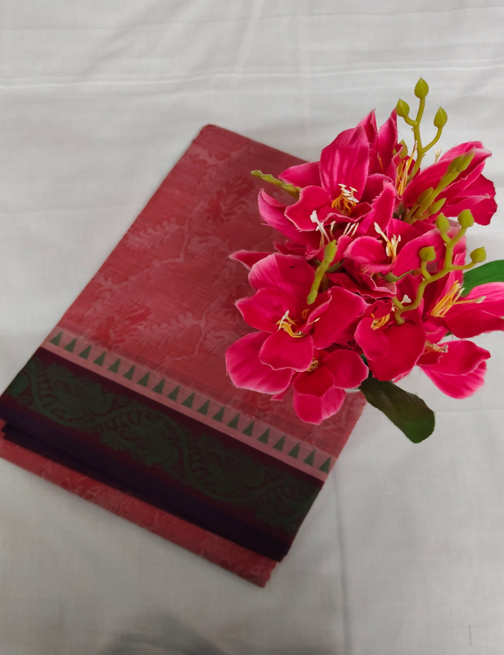 Negamam Embosed Cotton Saree - Rose Pink with Jacquard Border