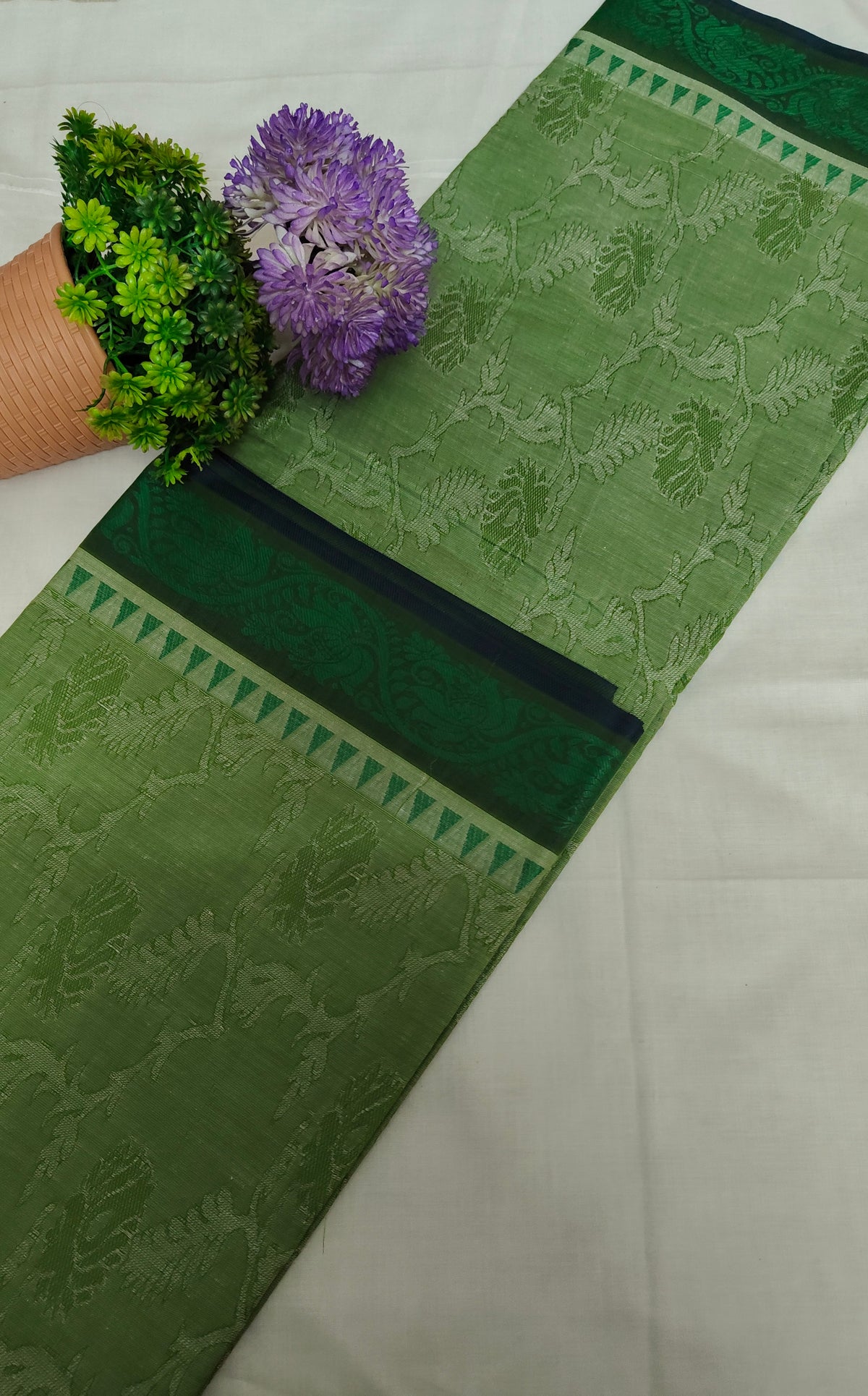 Negamam Embossed Green Cotton Saree