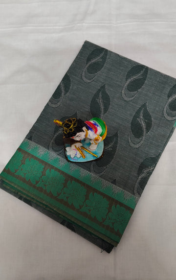 Nagamam Empose Cotton Saree with Leaf Motifs and Green Border