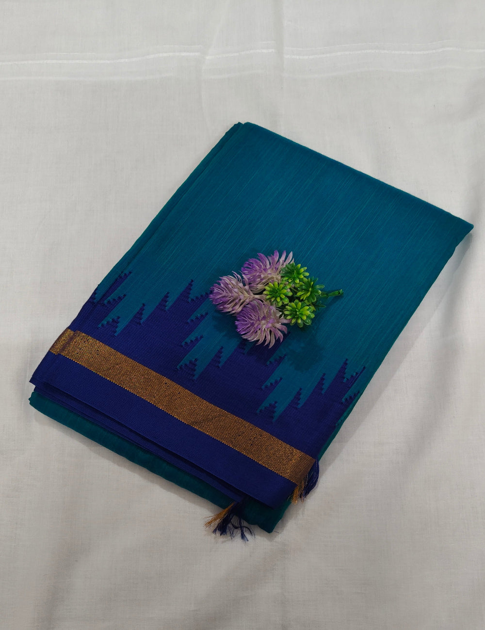 Soft Silk Teal Blue Saree with Gold Border