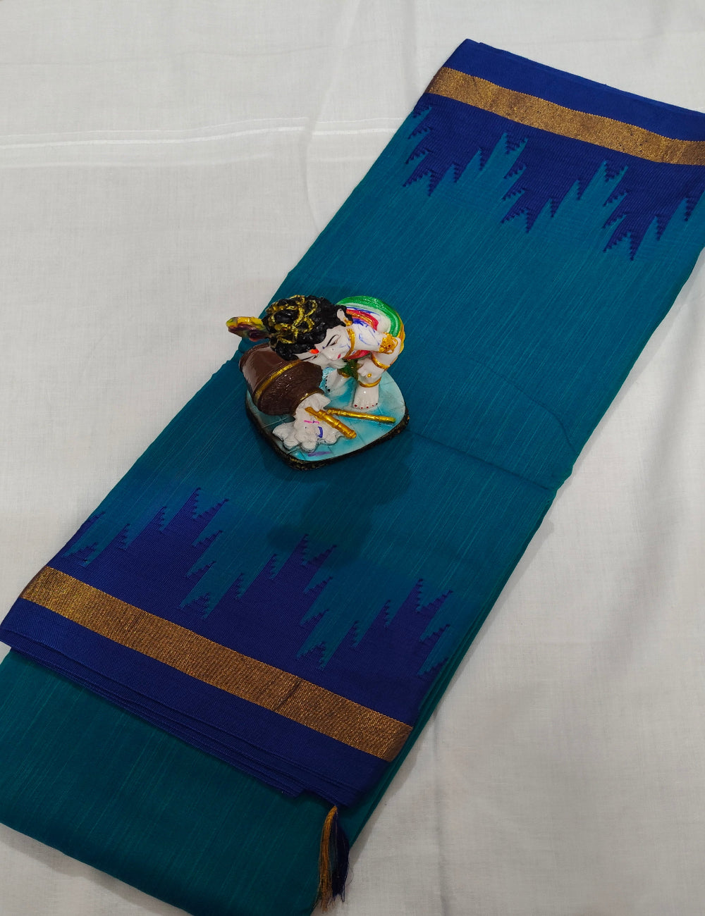 Soft Silk Teal Blue Saree with Gold Border