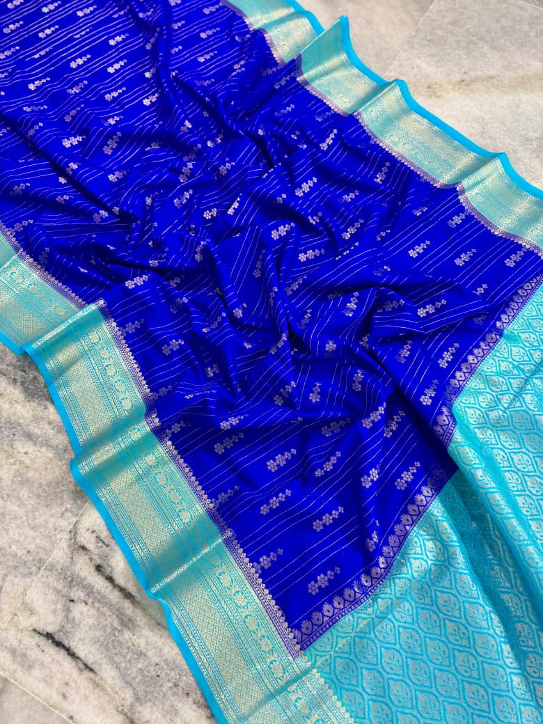Blue Chiniya Soft Saree with Golden Border
