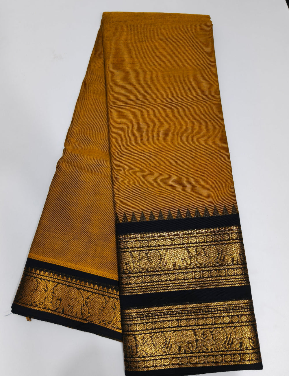 Elegant Mustard Kanchi Cotton Saree with Zari Elephant Border