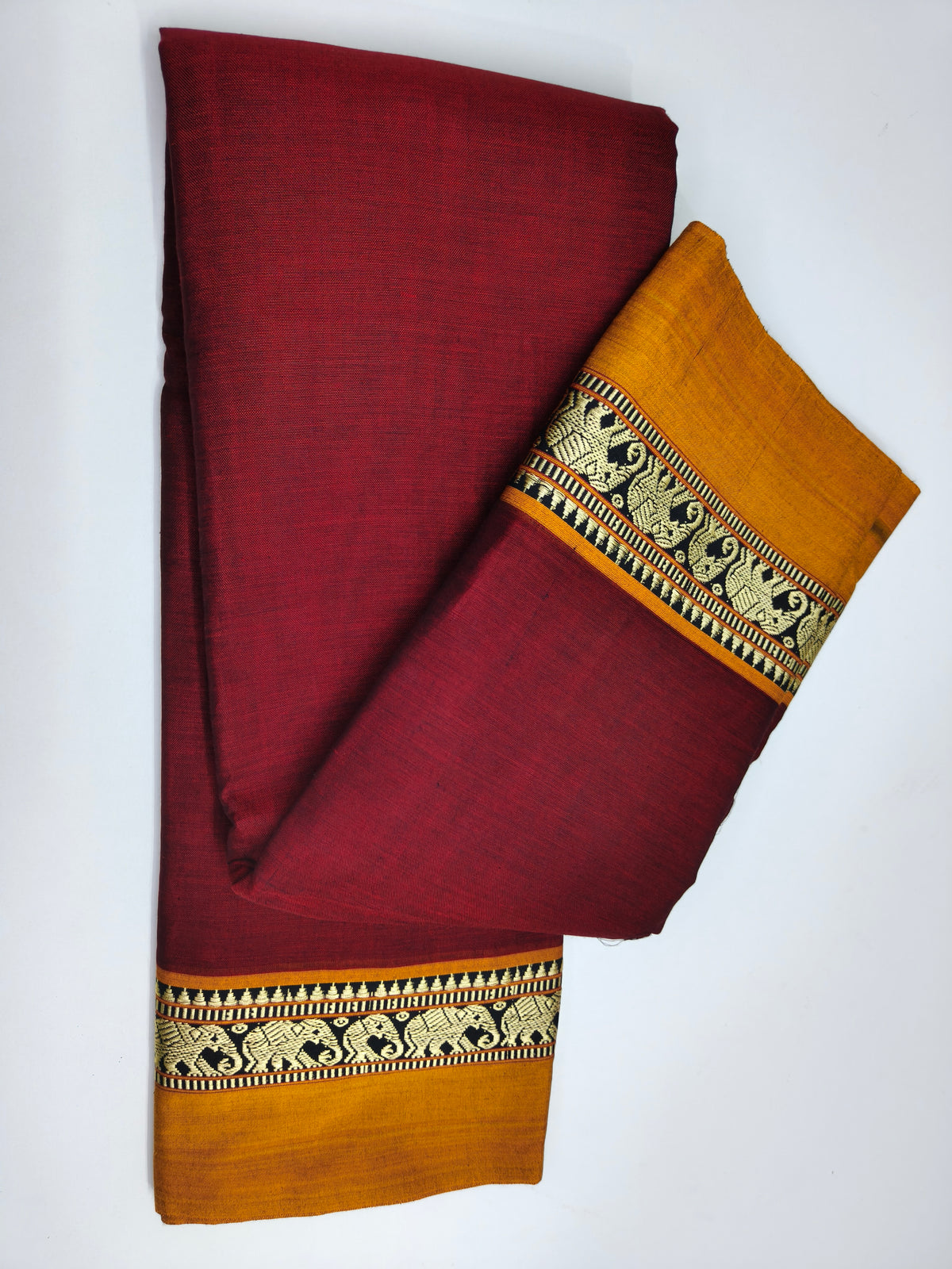 Maroon Kanchi Cotton Saree with Elephant Woven Border