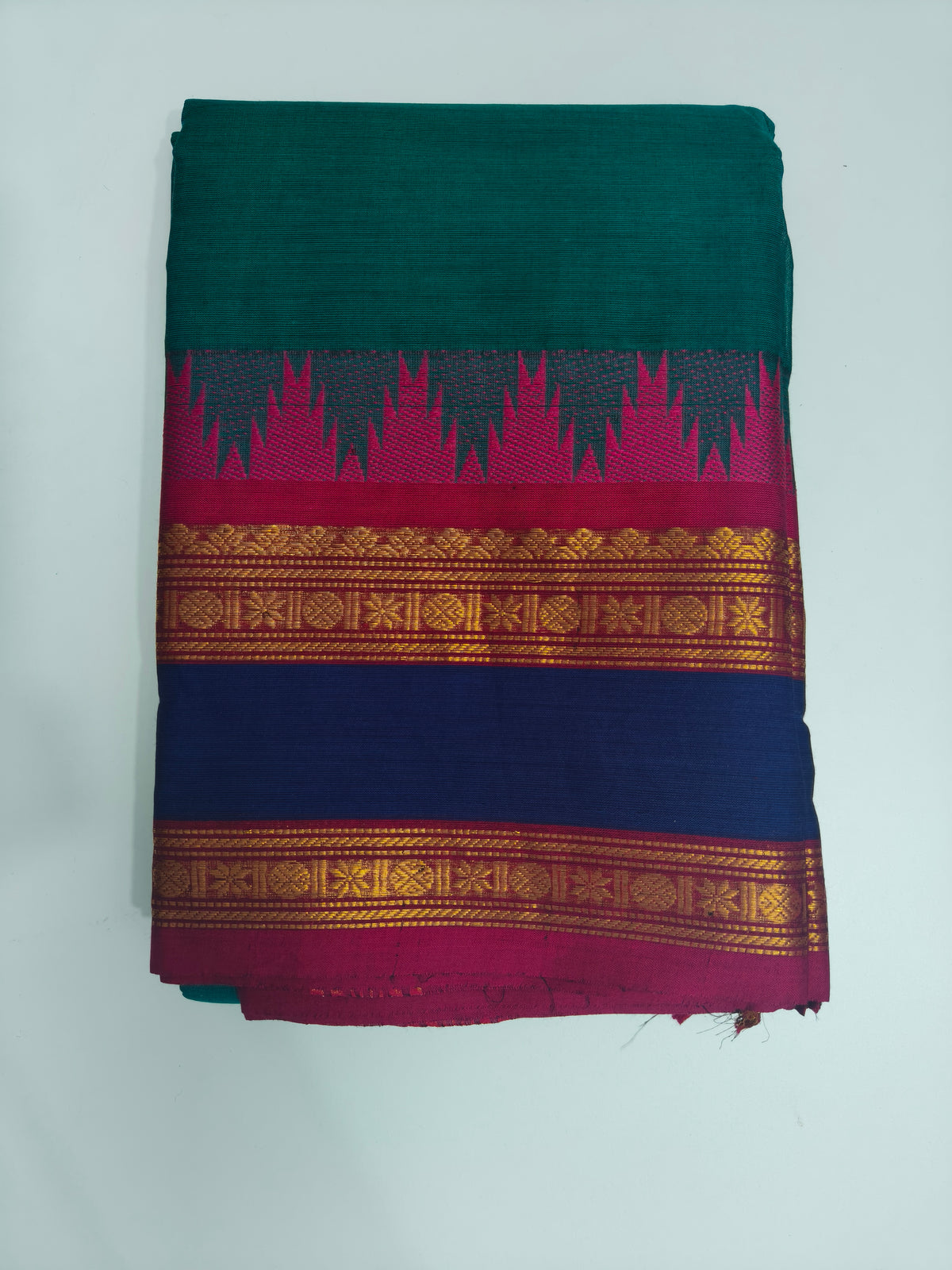 Green Kanchi Cotton Saree with Maroon and Navy Blue Zari Border
