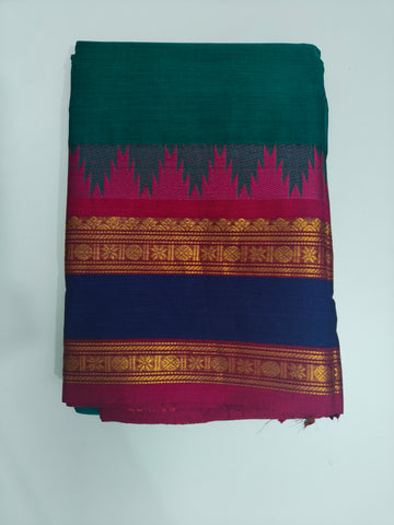 Green Kanchi Cotton Saree with Maroon and Navy Blue Zari Border