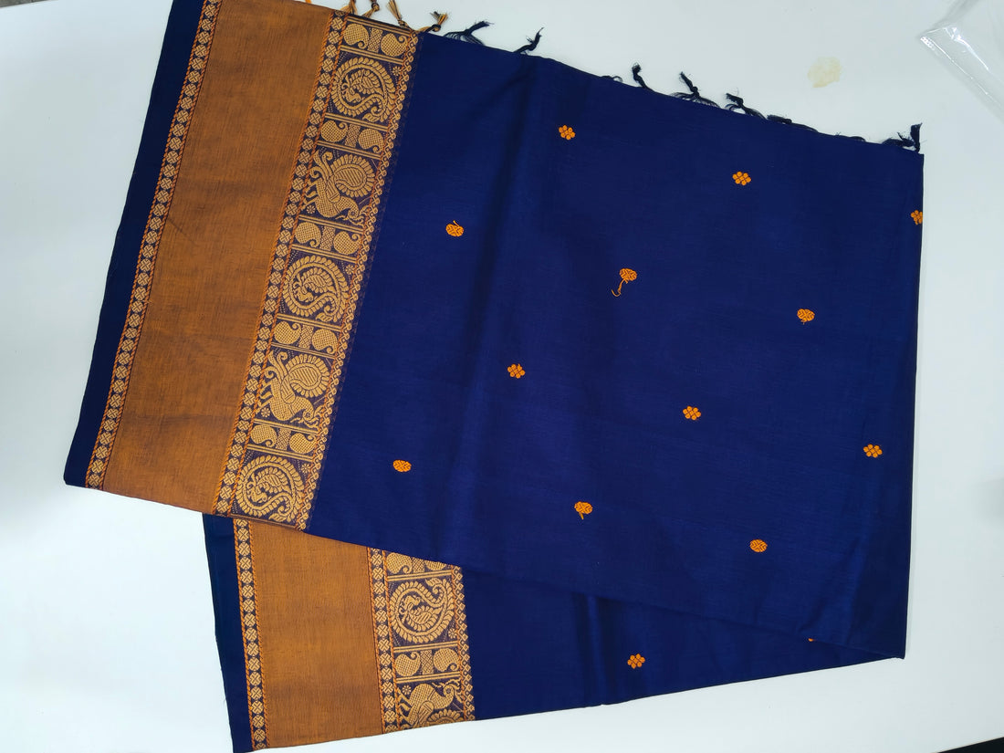 Navy Blue Cotton Saree with Golden Zari Border