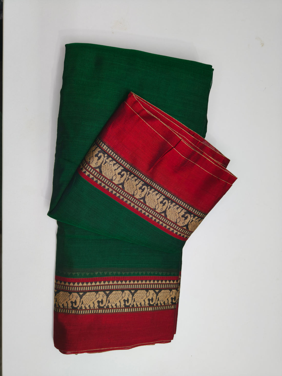 Green Cotton Saree with Elephant Woven Border