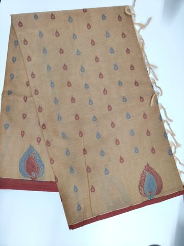 Beige Cotton Paisley Printed Saree with Red Border