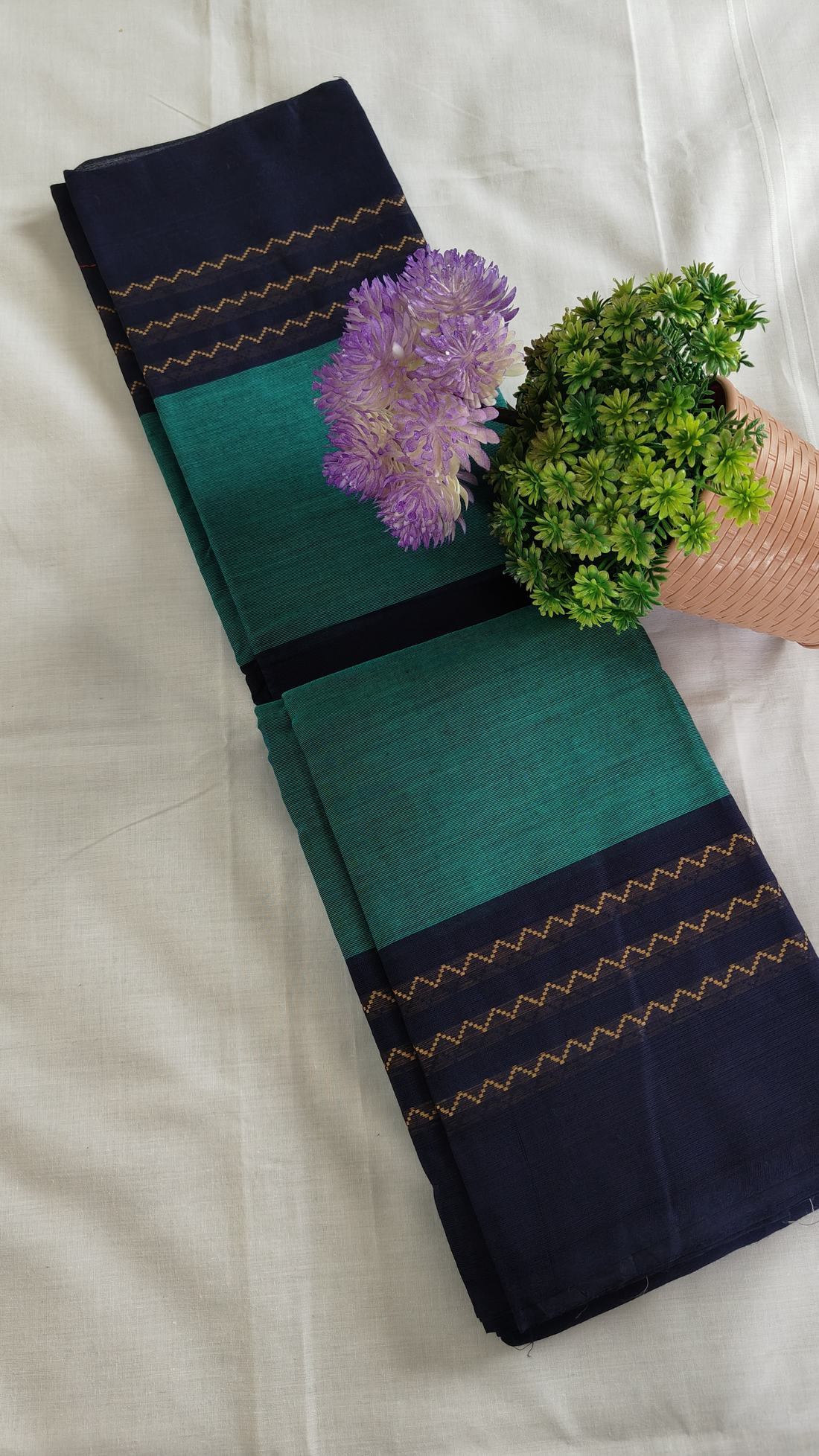 Elegant Navy Blue and Green Cotton Saree