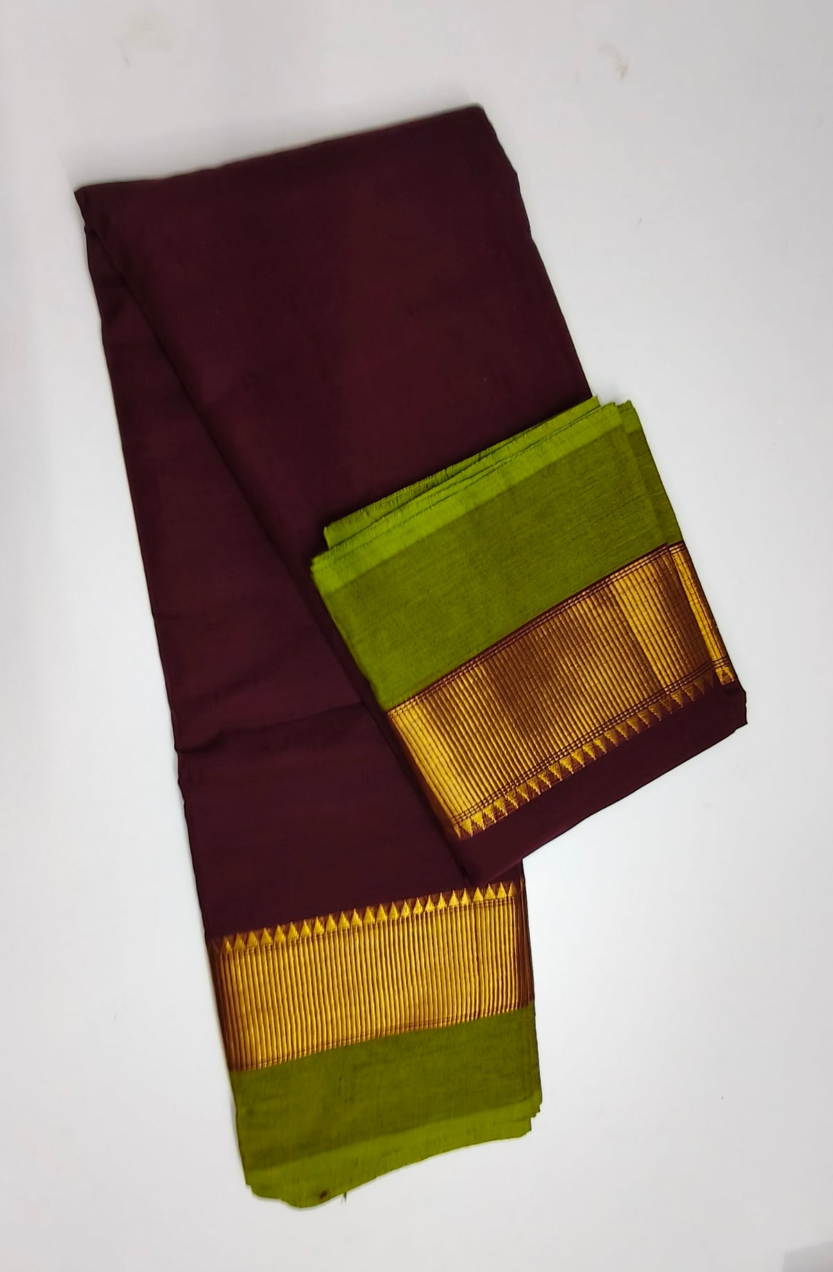 Maroon & Green Kanchi Cotton Saree with Zari Border