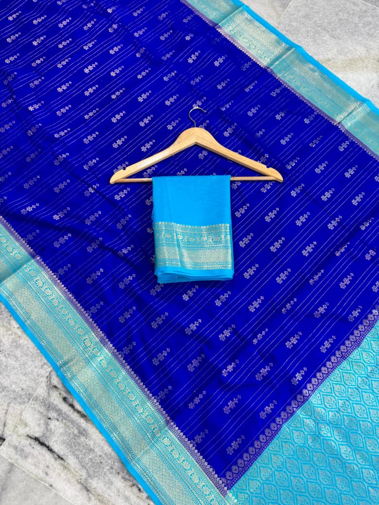 Blue Chiniya Soft Saree with Golden Border