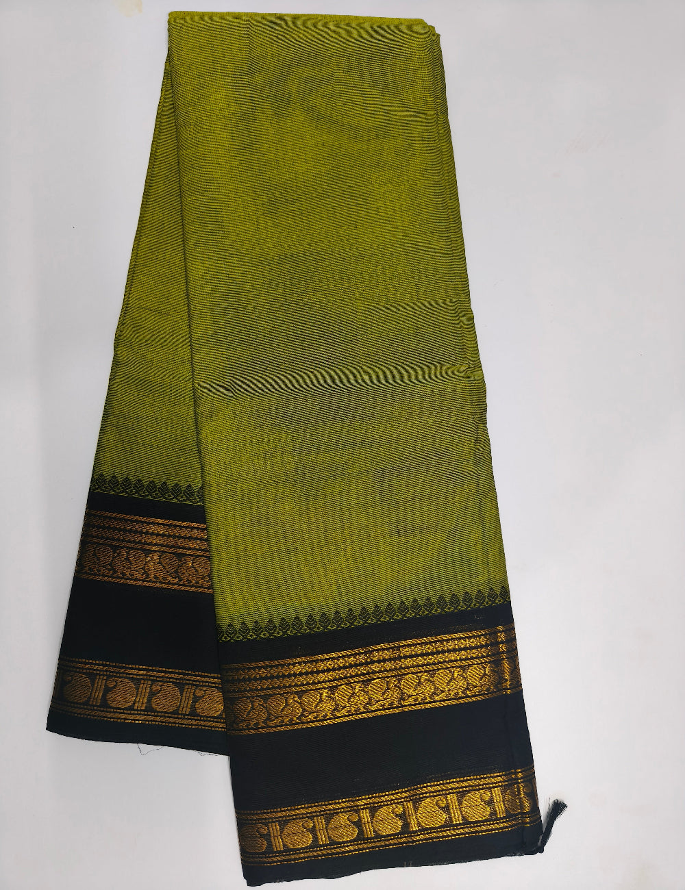 Kanchi Cotton Saree with Golden Zari Border - Mehendi Green