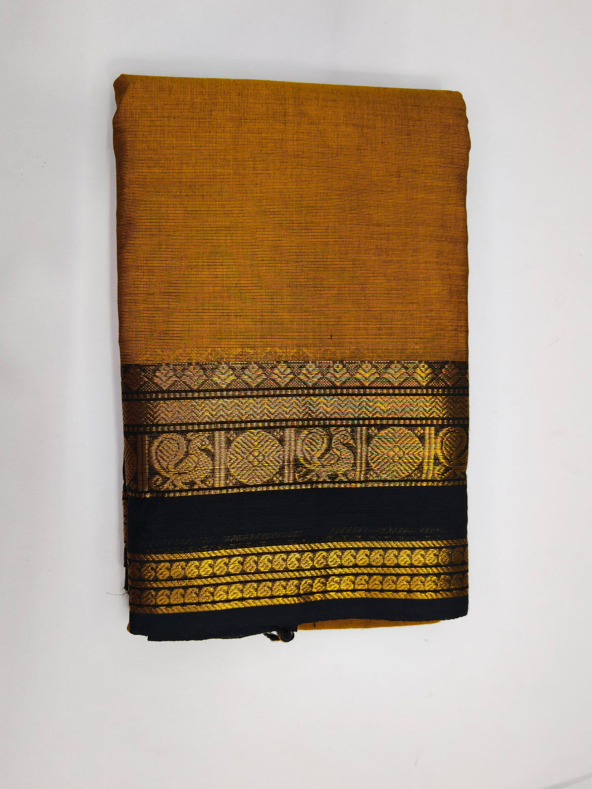 Authentic Kanchi Cotton Saree - Mustard with Golden Zari Border
