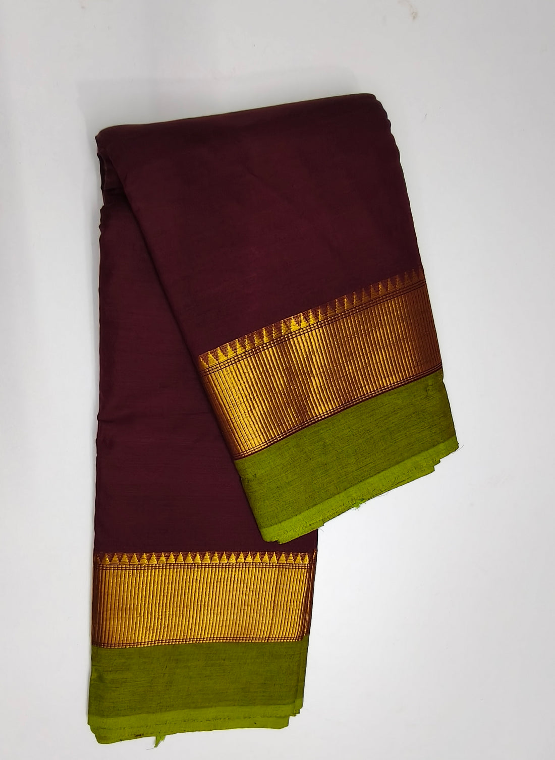 Maroon & Green Kanchi Cotton Saree with Zari Border
