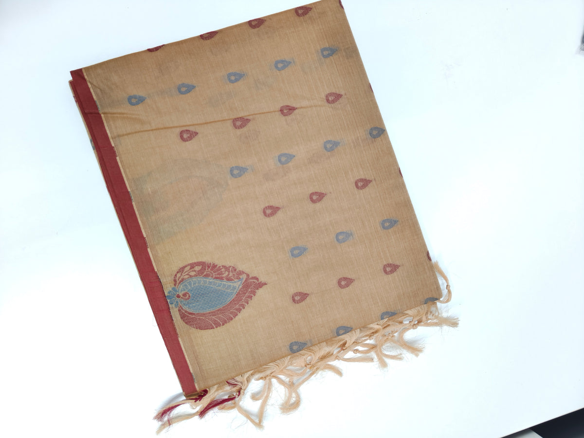 Beige Cotton Paisley Printed Saree with Red Border