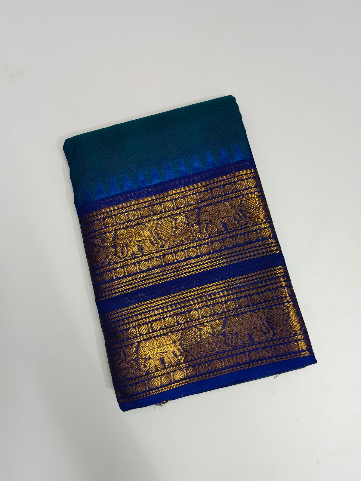 Blue Kanjeevaram Silk Saree with Golden Elephant Zari Border