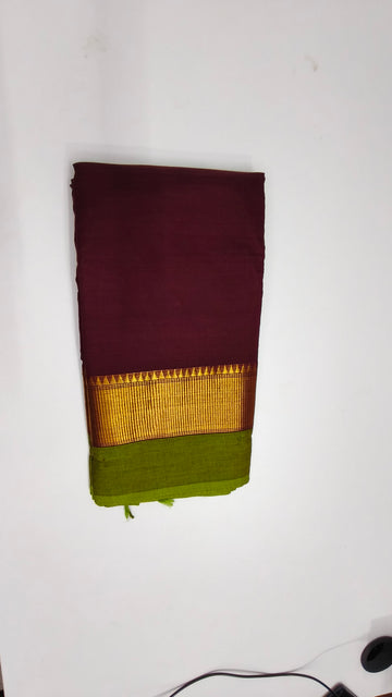 Maroon & Green Kanchi Cotton Saree with Zari Border
