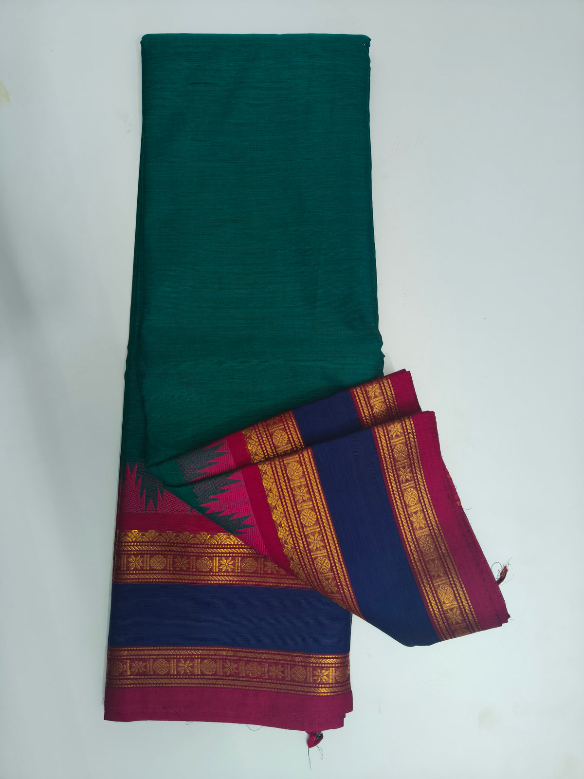 Green Kanchi Cotton Saree with Maroon and Navy Blue Zari Border
